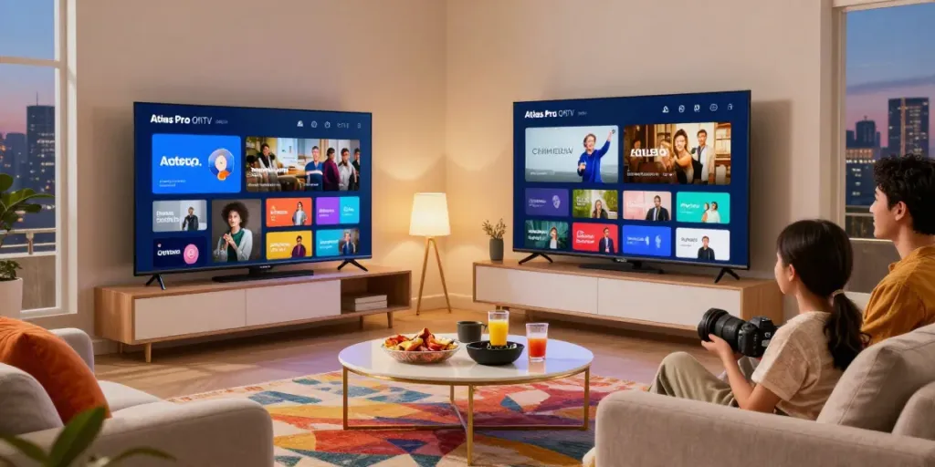 Expérience de visionnage d'Atlas pro ontv dans un salon moderne, avec une télévision affichant une interface riche en contenu.