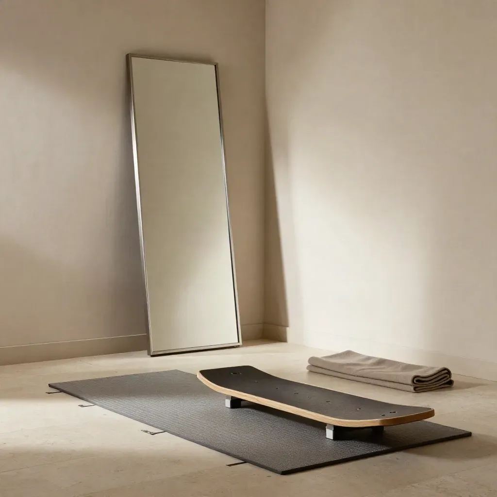 Coin d’évaluation posturale avec miroir, repères au sol, plateau d’équilibre et tapis antidérapant.
