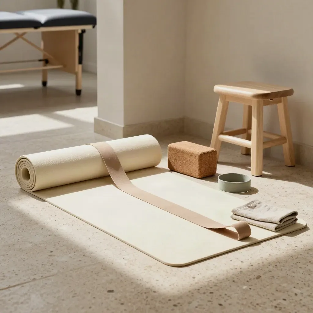 Mat de mobilité roulé, blocs de liège, sangle beige et tabouret en bois clair sur travertin.