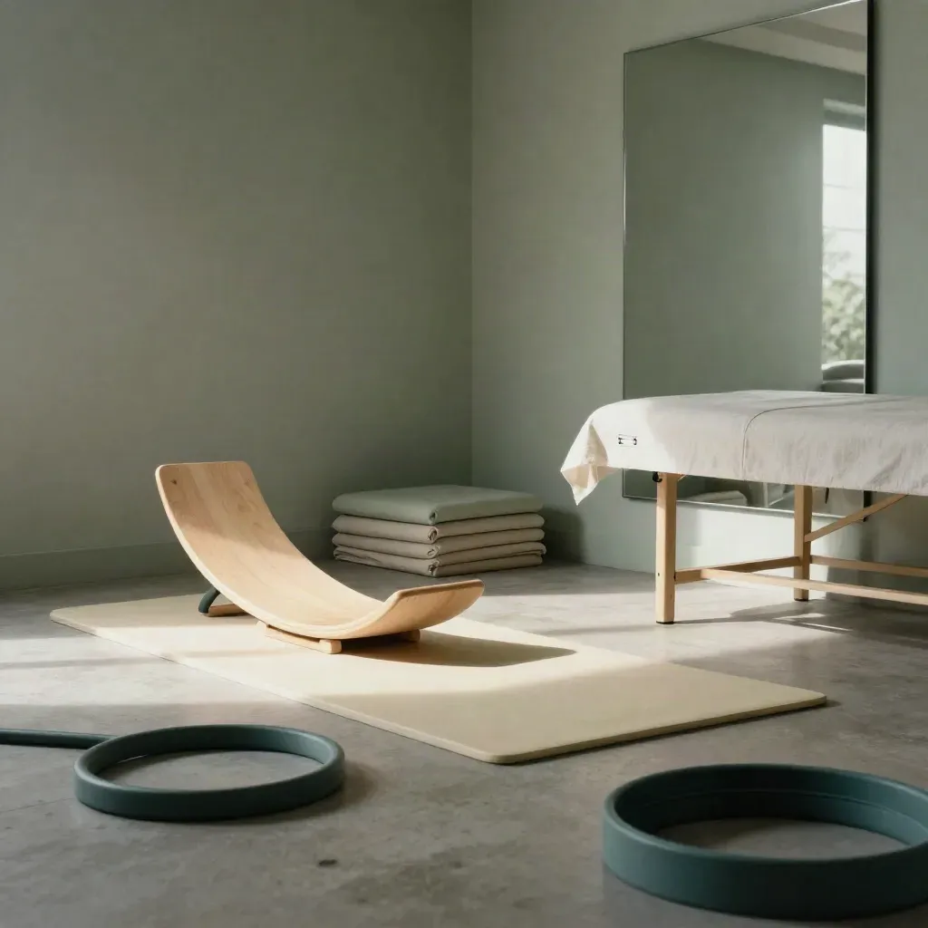 Studio de rééducation avec planche d’équilibre, tapis, mousses et miroir, lumière rasante du matin.