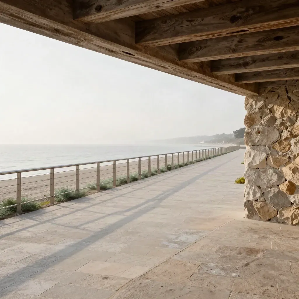 Promenade côtière vide avec pavage clair, rambarde en bois et brume de mer.