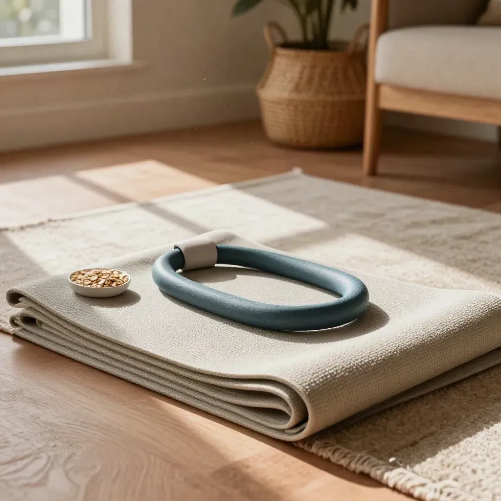 Kit d’exercices à domicile prêt sur un tapis clair, lumière douce et ambiance chaleureuse.