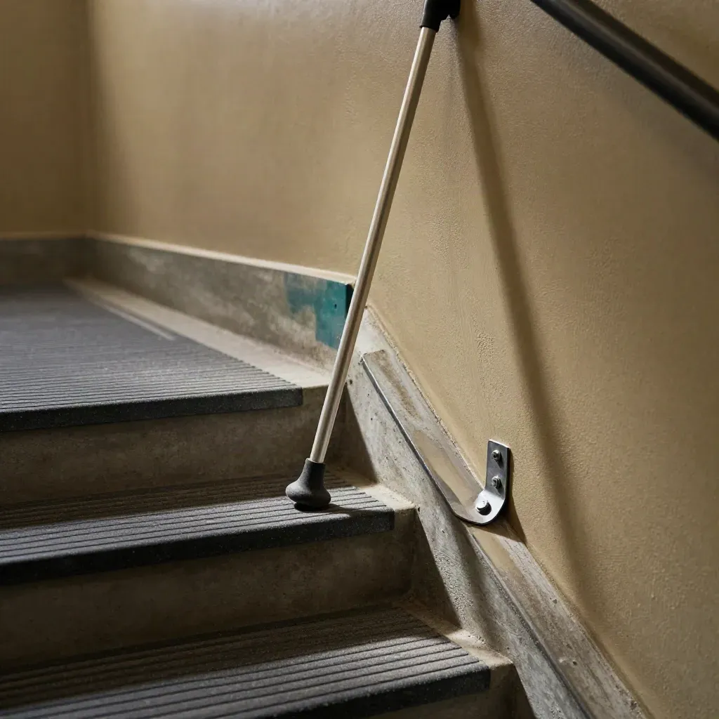 Rampe d’escalier en béton avec patin antidérapant, embout de canne et support de barre d’appui.