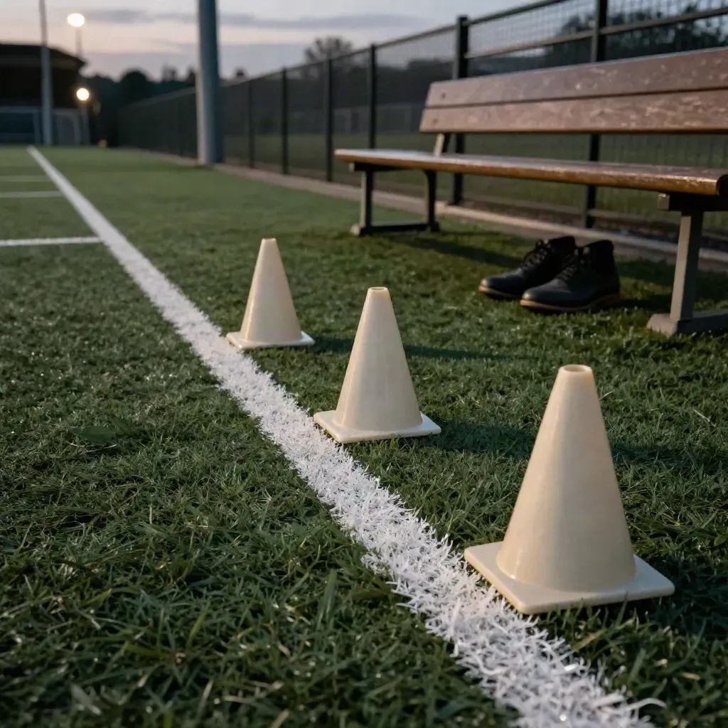 Bord de terrain de foot prêt pour la reprise, cônes et chaussures près du banc au crépuscule.