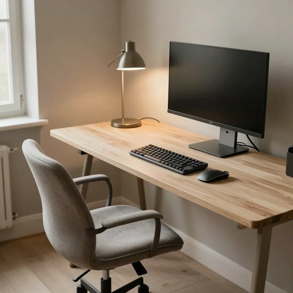 Bureau ergonomique calme avec chaise courbe, écran noir incliné et lampe douce.