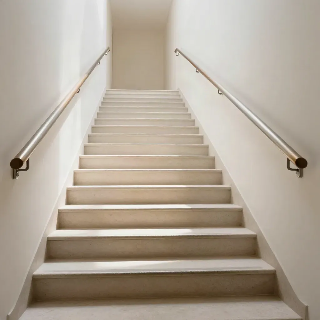 Escalier de rééducation lumineux avec main courante continue et marches antidérapantes.