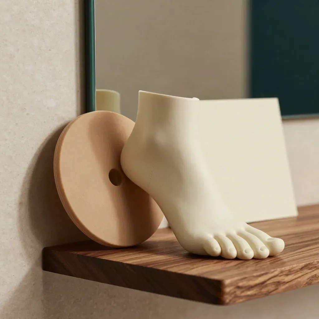 Maquette de pied anatomique, miroir et disque d’équilibre sur une étagère en noyer.