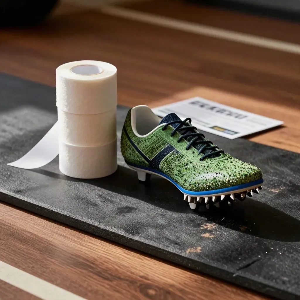 Ruban de tape, chaussure à pointes et balle de massage sur tapis de rééducation.