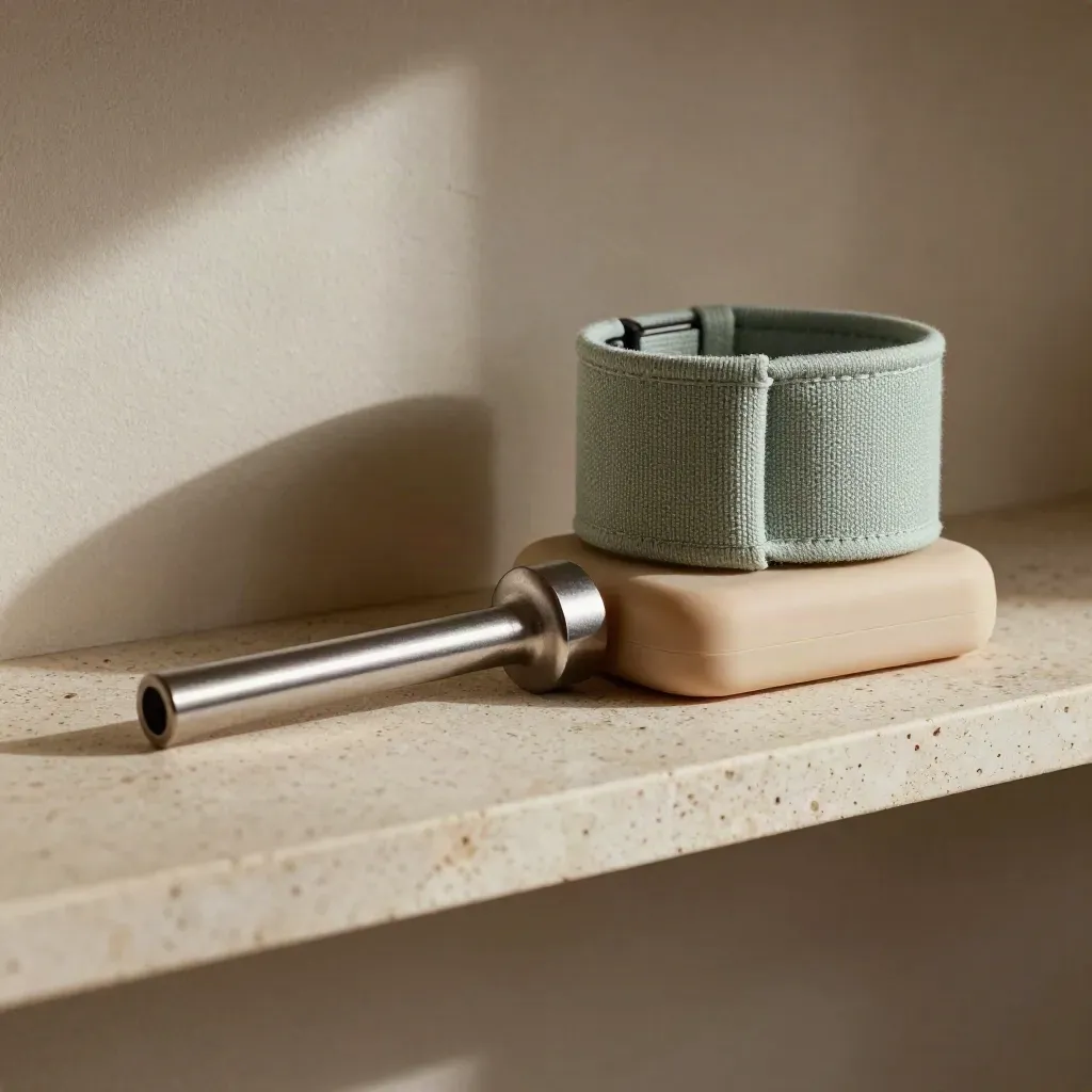 Ferrule de canne, poids de cheville, coussin d’équilibre et barre d’appui sur étagère claire.