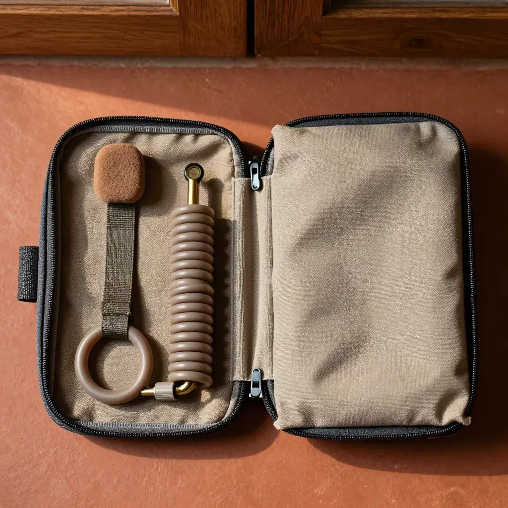 Kit de rééducation portable ouvert avec sangle de porte, élastique et tapis de voyage sur pierre chaude.
