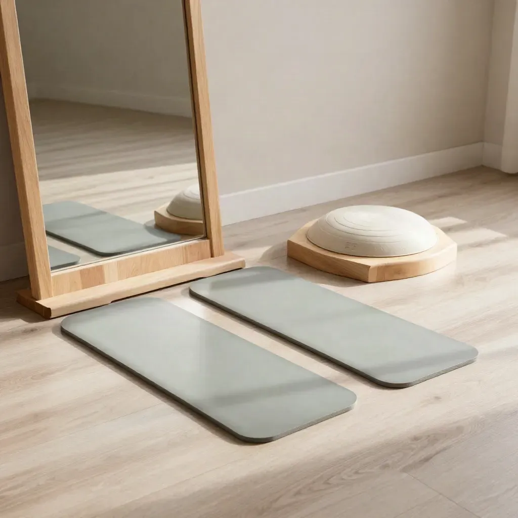 Vue de dessus d’un miroir de posture, deux repères au sol, un disque d’équilibre et un bloc en bois.