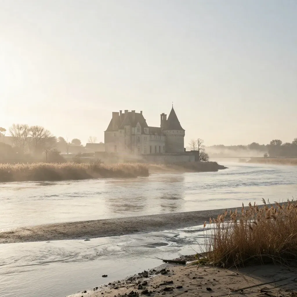 Château de pierre pâle dans la brume sur la plaine ligérienne et vasières calmes.