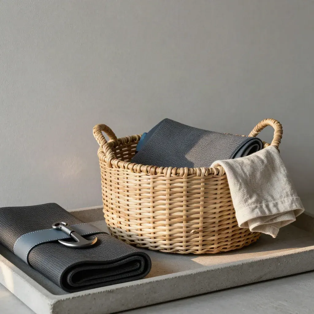 Panier de rééducation, tapis plié, bande élastique et sangle sur une dalle en pierre.