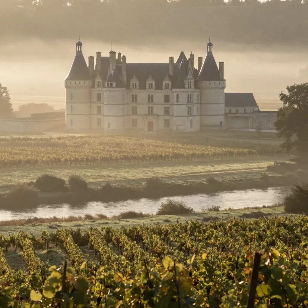 Château de la Loire dans le brouillard, vignobles et rivière calme sous lumière dorée.