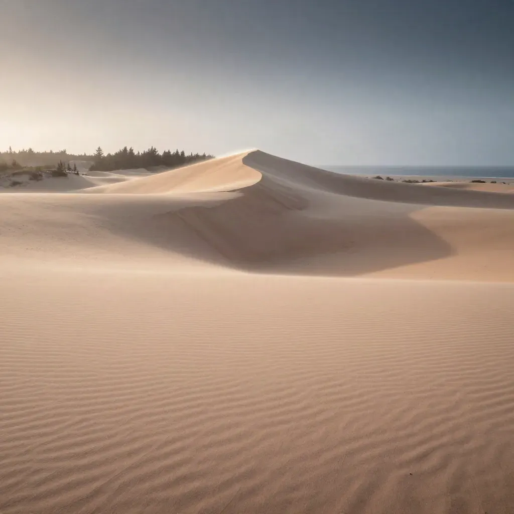 Dune du Pilat au coucher du soleil, crête éclairée et sable calme sous un ciel brumeux.