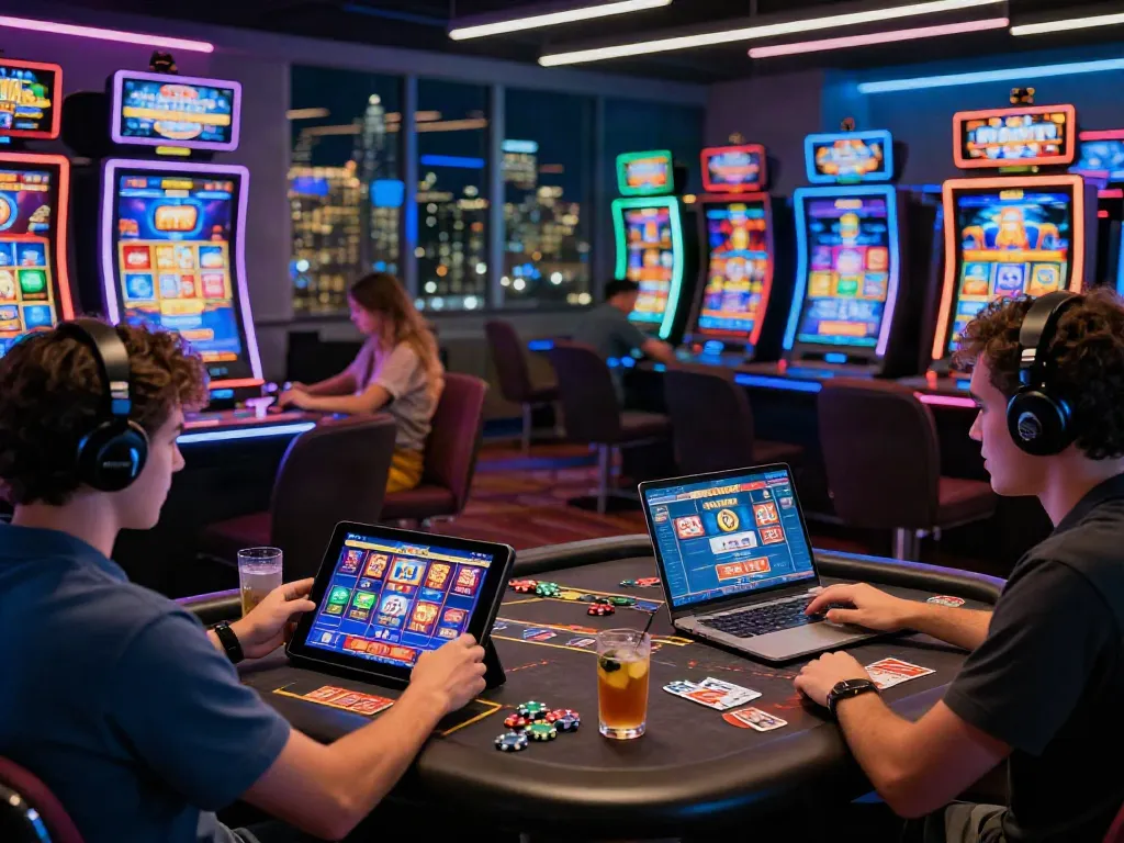 Plongée dans l'univers de https://studiobarw.com/ avec des joueurs absorbés par l'expérience de casino en ligne, ambiance lumineuse et captivante.
