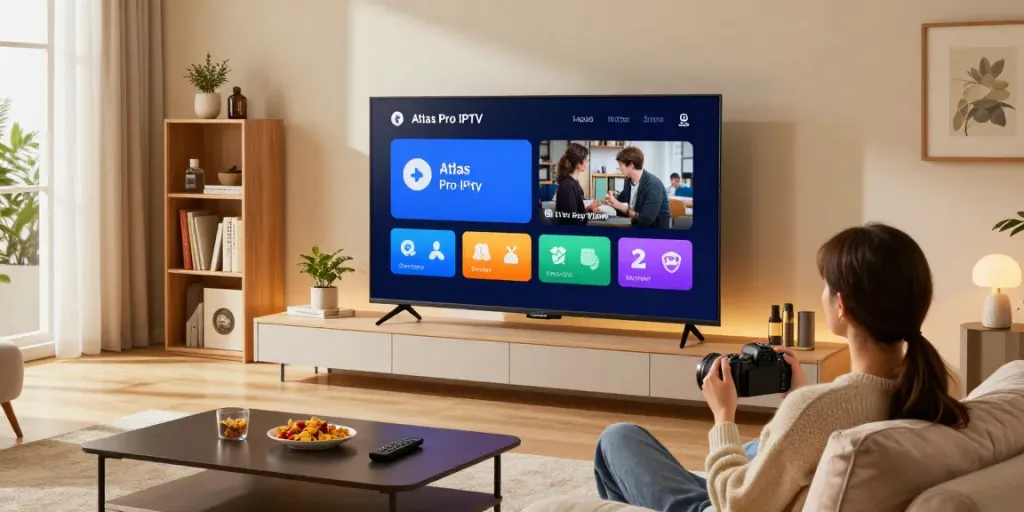Installer et profiter d'Atlas Pro IPTV sur Smart TV dans un salon moderne.